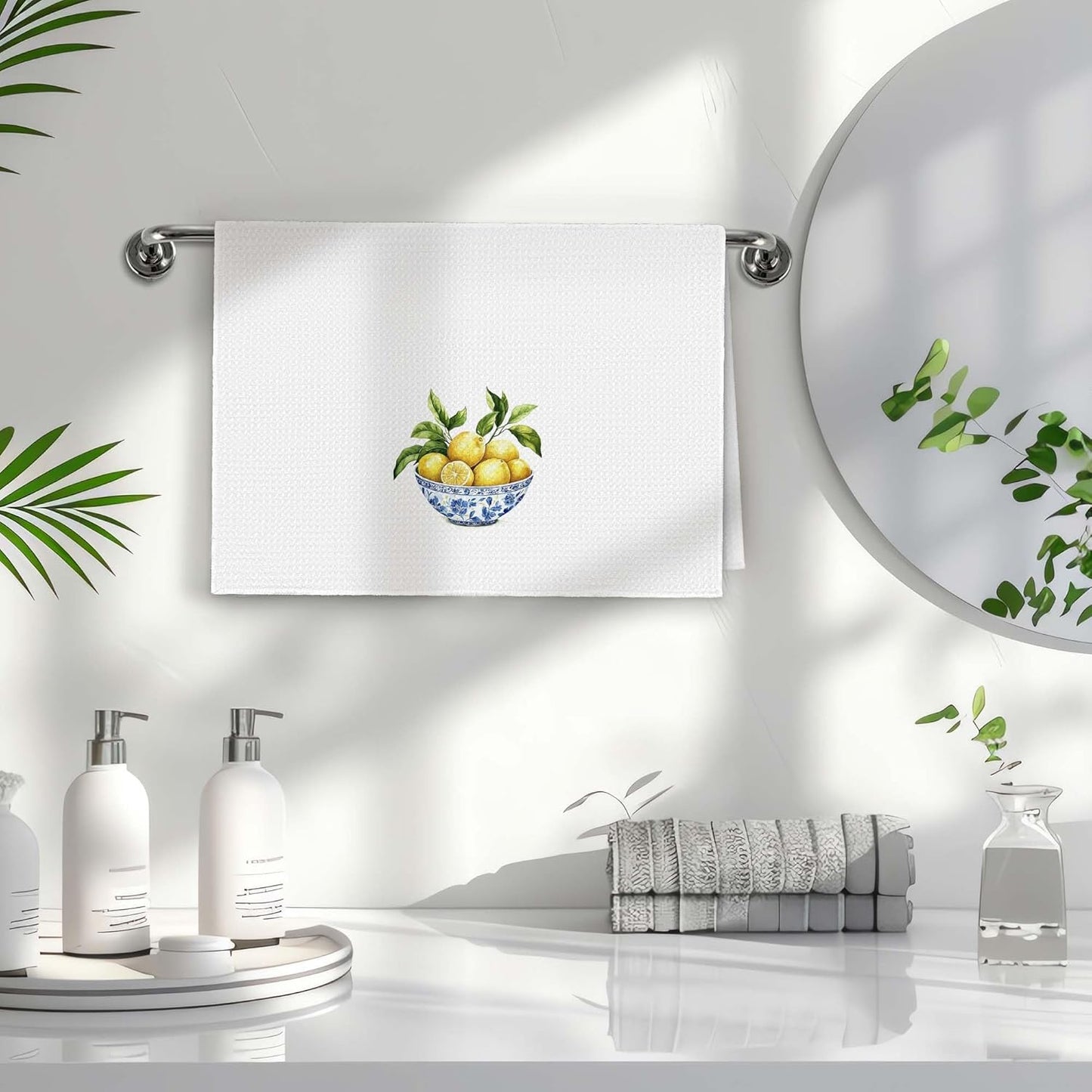 Lemon Chinoiserie Kitchen Towels, Blue and White Lemon Decorative Kitchen Towel, Lemon Gifts, Summer Coquette Blue Bow Lemons Hand Dish Tea Towels for Bathroom Decor