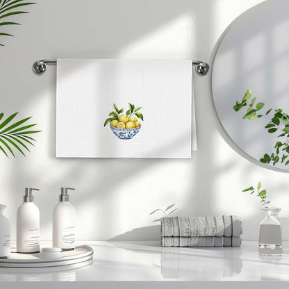 Lemon Chinoiserie Kitchen Towels, Blue and White Lemon Decorative Kitchen Towel, Lemon Gifts, Summer Coquette Blue Bow Lemons Hand Dish Tea Towels for Bathroom Decor