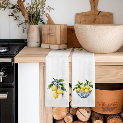 Lemon Chinoiserie Kitchen Towels, Blue and White Lemon Decorative Kitchen Towel, Lemon Gifts, Summer Coquette Blue Bow Lemons Hand Dish Tea Towels for Bathroom Decor