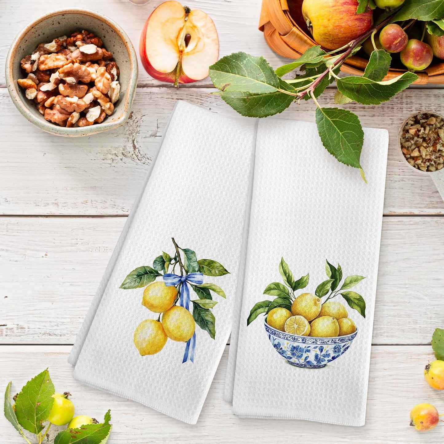 Lemon Chinoiserie Kitchen Towels, Blue and White Lemon Decorative Kitchen Towel, Lemon Gifts, Summer Coquette Blue Bow Lemons Hand Dish Tea Towels for Bathroom Decor