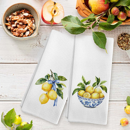 Lemon Chinoiserie Kitchen Towels, Blue and White Lemon Decorative Kitchen Towel, Lemon Gifts, Summer Coquette Blue Bow Lemons Hand Dish Tea Towels for Bathroom Decor