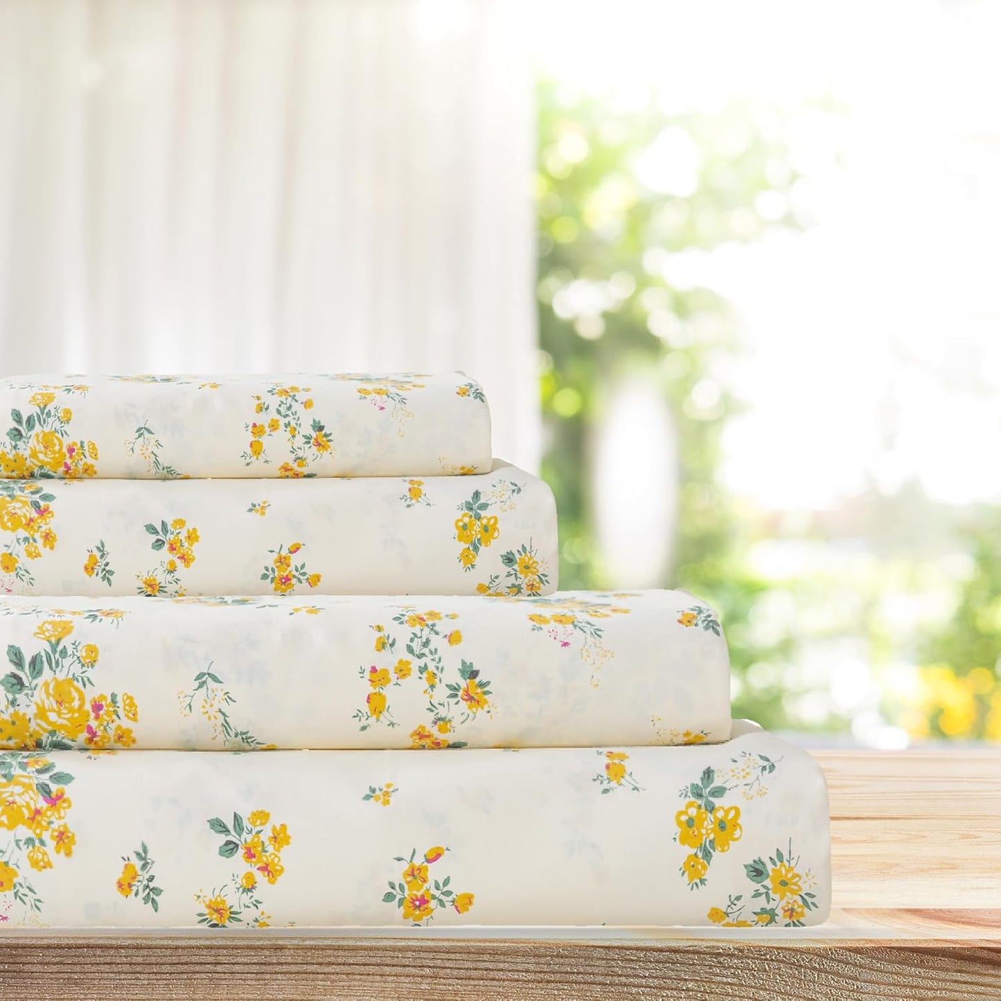 100% Cotton Percale Sheets for Queen Size Bed - 14 Inches Deep Pocket Perfect Fitting - Crispy Cool & Comfortable - Yellow Floral (4 Piece Bed Sheets)