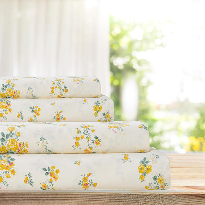 100% Cotton Percale Sheets for Queen Size Bed - 14 Inches Deep Pocket Perfect Fitting - Crispy Cool & Comfortable - Yellow Floral (4 Piece Bed Sheets)