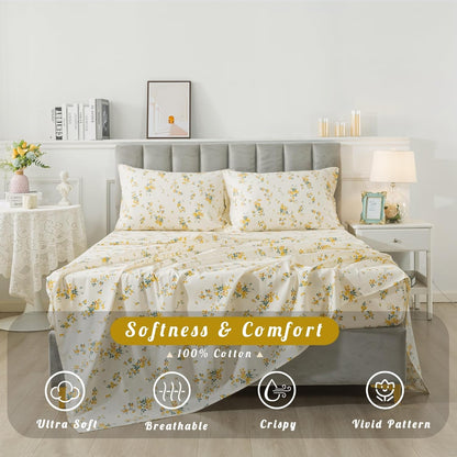 100% Cotton Percale Sheets for Queen Size Bed - 14 Inches Deep Pocket Perfect Fitting - Crispy Cool & Comfortable - Yellow Floral (4 Piece Bed Sheets)