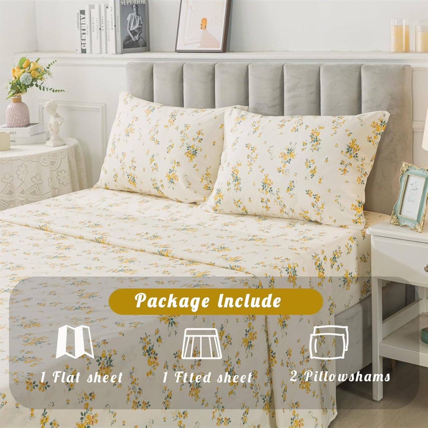 100% Cotton Percale Sheets for Queen Size Bed - 14 Inches Deep Pocket Perfect Fitting - Crispy Cool & Comfortable - Yellow Floral (4 Piece Bed Sheets)