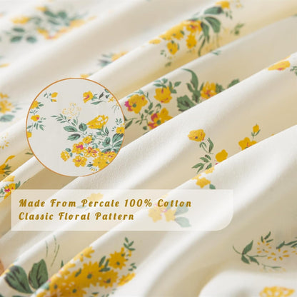 100% Cotton Percale Sheets for Queen Size Bed - 14 Inches Deep Pocket Perfect Fitting - Crispy Cool & Comfortable - Yellow Floral (4 Piece Bed Sheets)