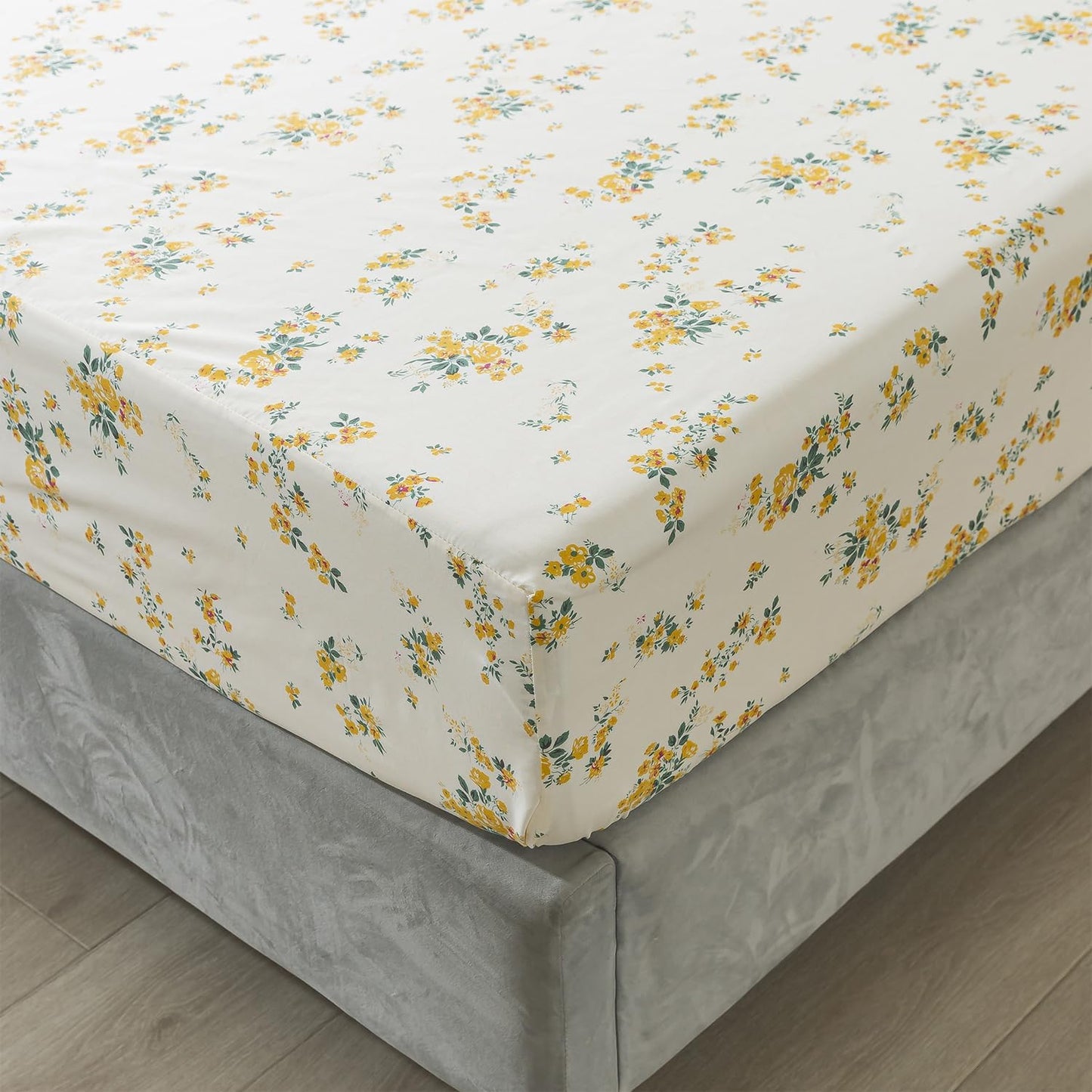 100% Cotton Percale Sheets for Queen Size Bed - 14 Inches Deep Pocket Perfect Fitting - Crispy Cool & Comfortable - Yellow Floral (4 Piece Bed Sheets)
