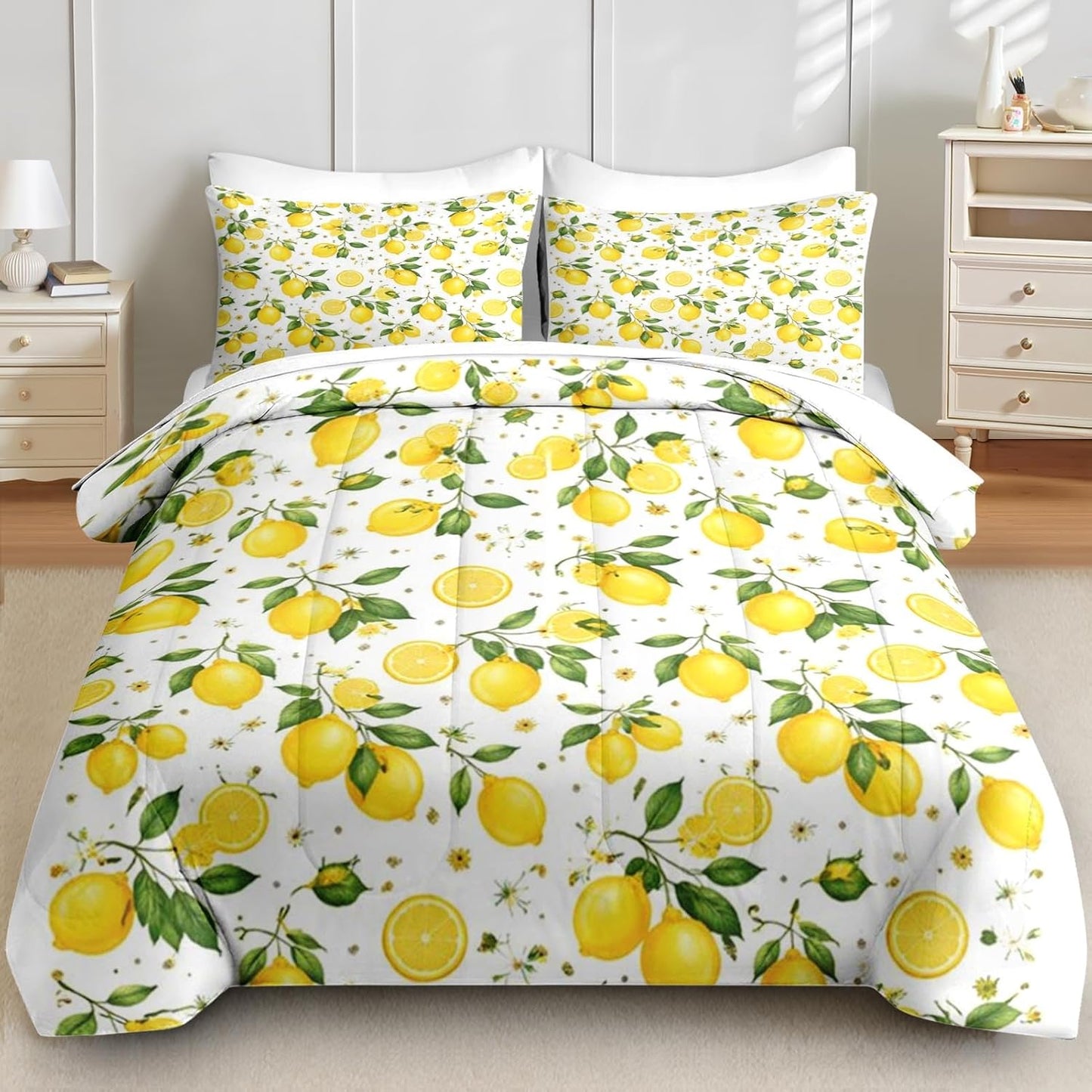 5 Pcs Comforter Set Twin Size, Lemon Farmhouse Yellow Bedding for Kids and Adults, Summer Botanical Bed Sheet Sets with Fitted Sheet Pillowcase & Sham for Bedroom Bed Decor