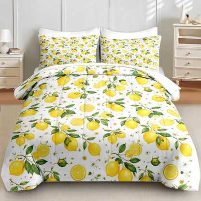 5 Pcs Comforter Set Twin Size, Lemon Farmhouse Yellow Bedding for Kids and Adults, Summer Botanical Bed Sheet Sets with Fitted Sheet Pillowcase & Sham for Bedroom Bed Decor