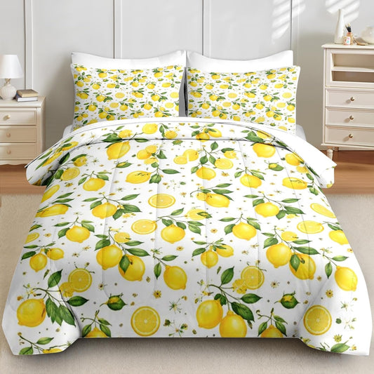 5 Pcs Comforter Set Twin Size, Lemon Farmhouse Yellow Bedding for Kids and Adults, Summer Botanical Bed Sheet Sets with Fitted Sheet Pillowcase & Sham for Bedroom Bed Decor