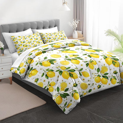 5 Pcs Comforter Set Twin Size, Lemon Farmhouse Yellow Bedding for Kids and Adults, Summer Botanical Bed Sheet Sets with Fitted Sheet Pillowcase & Sham for Bedroom Bed Decor