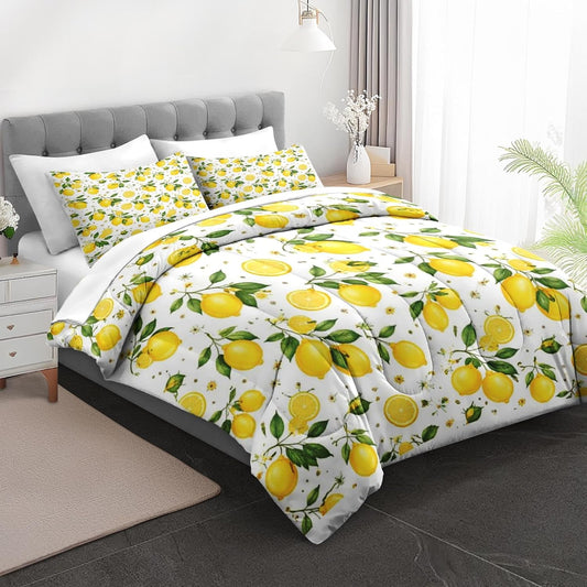 5 Pcs Comforter Set Twin Size, Lemon Farmhouse Yellow Bedding for Kids and Adults, Summer Botanical Bed Sheet Sets with Fitted Sheet Pillowcase & Sham for Bedroom Bed Decor