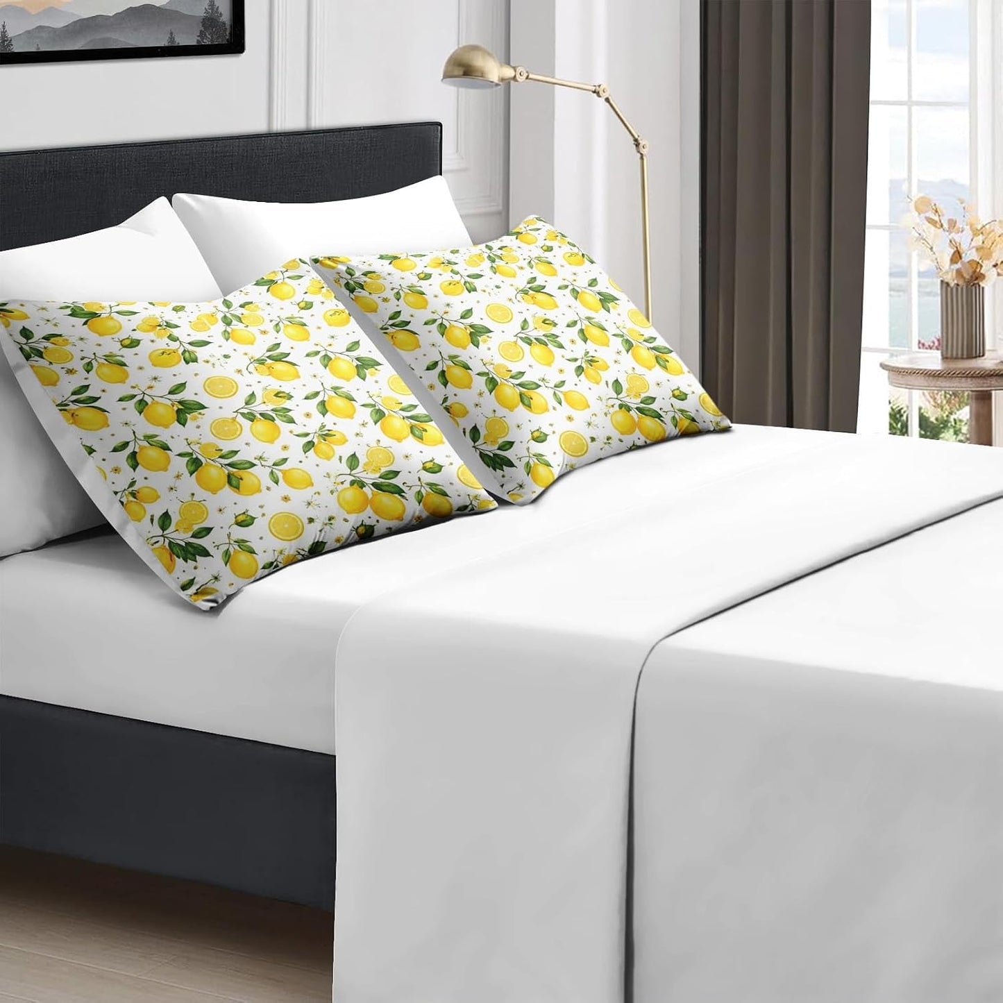 5 Pcs Comforter Set Twin Size, Lemon Farmhouse Yellow Bedding for Kids and Adults, Summer Botanical Bed Sheet Sets with Fitted Sheet Pillowcase & Sham for Bedroom Bed Decor