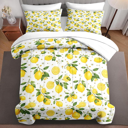 5 Pcs Comforter Set Twin Size, Lemon Farmhouse Yellow Bedding for Kids and Adults, Summer Botanical Bed Sheet Sets with Fitted Sheet Pillowcase & Sham for Bedroom Bed Decor
