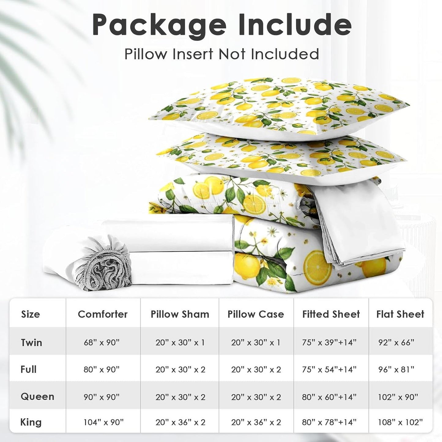 5 Pcs Comforter Set Twin Size, Lemon Farmhouse Yellow Bedding for Kids and Adults, Summer Botanical Bed Sheet Sets with Fitted Sheet Pillowcase & Sham for Bedroom Bed Decor