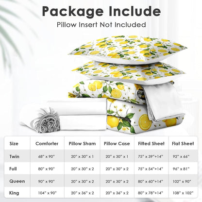 5 Pcs Comforter Set Twin Size, Lemon Farmhouse Yellow Bedding for Kids and Adults, Summer Botanical Bed Sheet Sets with Fitted Sheet Pillowcase & Sham for Bedroom Bed Decor