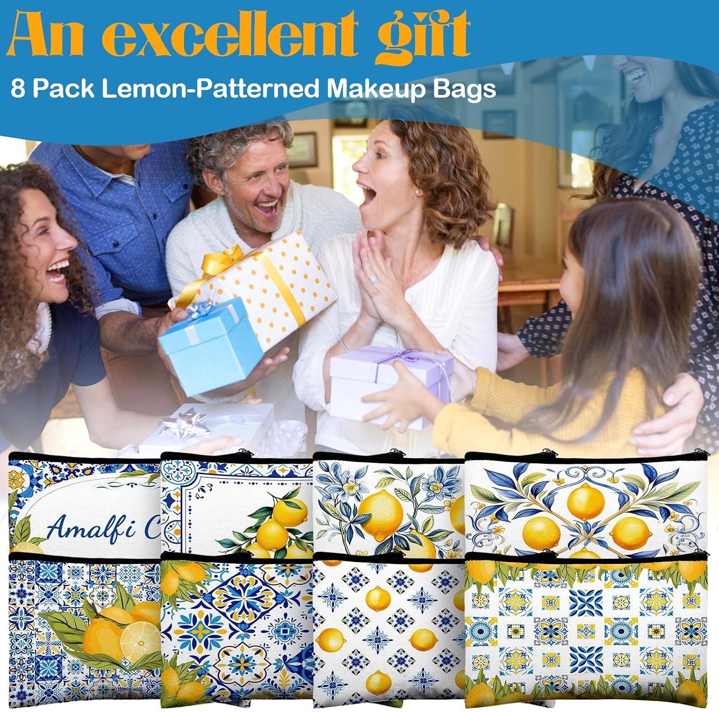 16 Pcs Lemon Cosmetic Bags Bulk for Women Lemon Canvas Makeup Bags Blue Tiles Zipper Pouches Italian Summer Fruit Travel Toiletry Bag Souvenir Gift for Bridesmaids Bachelorette Wedding Supplies