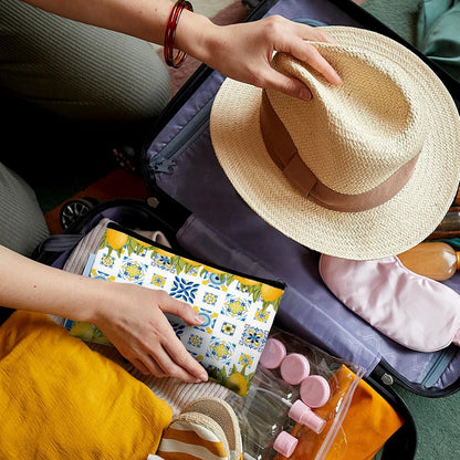 16 Pcs Lemon Cosmetic Bags Bulk for Women Lemon Canvas Makeup Bags Blue Tiles Zipper Pouches Italian Summer Fruit Travel Toiletry Bag Souvenir Gift for Bridesmaids Bachelorette Wedding Supplies