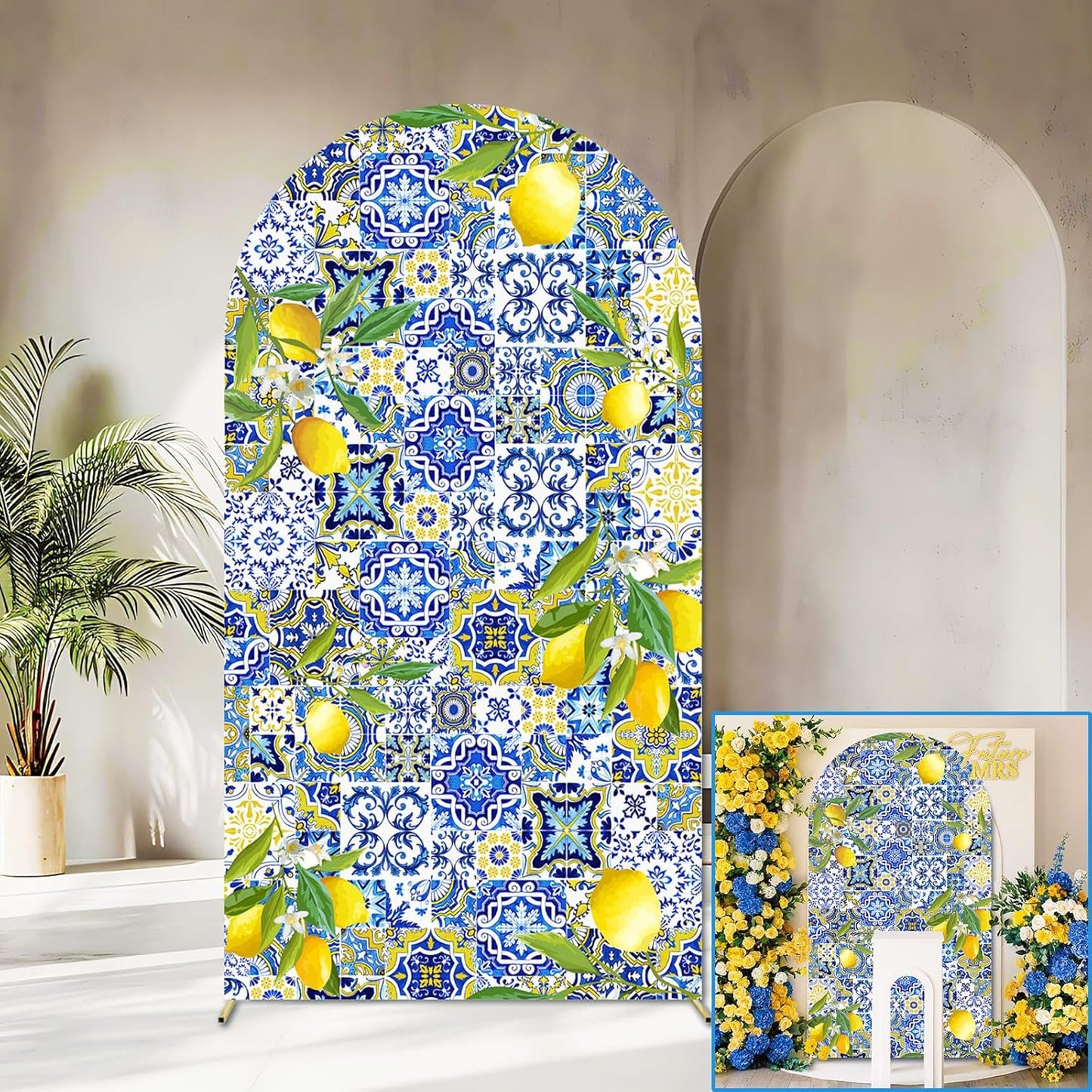 Mediterranean Blue Tiles Lemon Arch Backdrop Cover Amalfi Coast Wedding Bridal Shower Decorations,2-Sided Italy Lemon Backdrop Arch Covers for Positano Birthday Baby Shower Party Decor 2.6x6ft