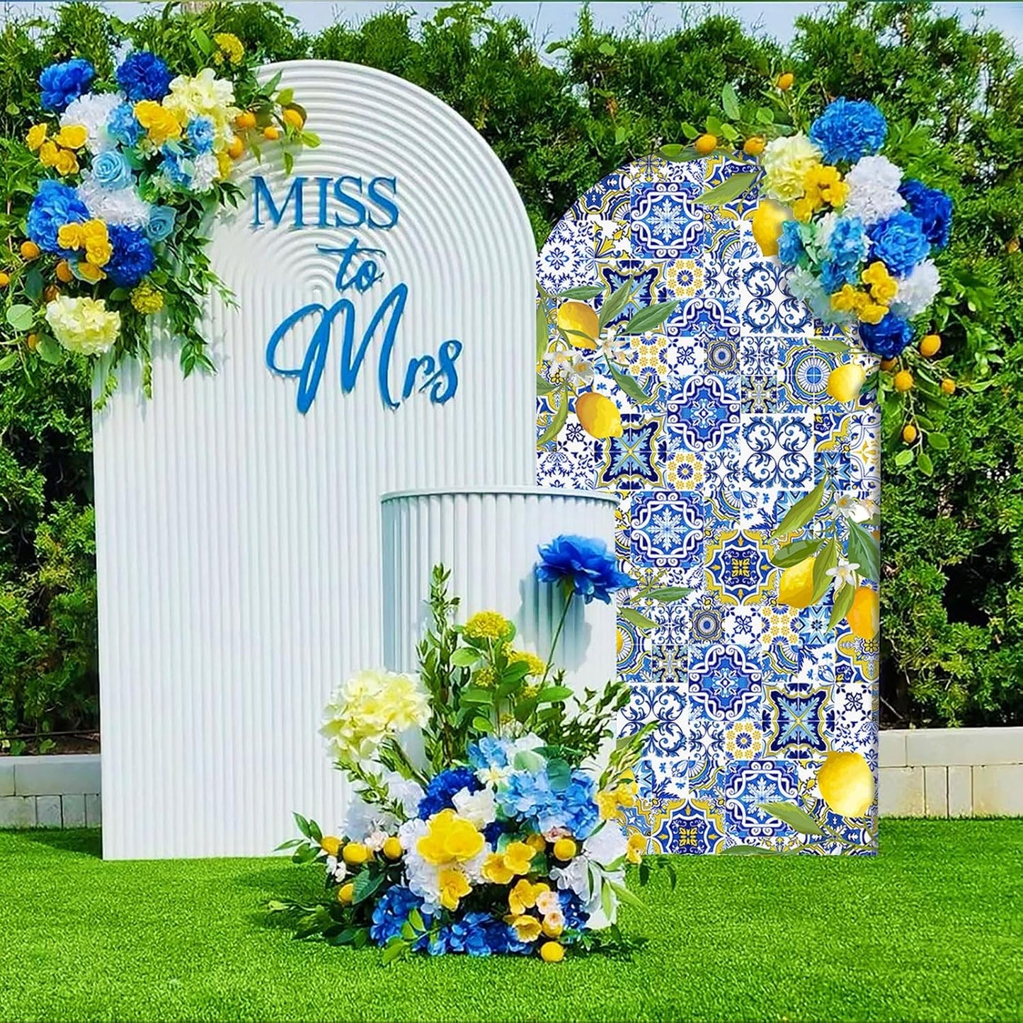 Mediterranean Blue Tiles Lemon Arch Backdrop Cover Amalfi Coast Wedding Bridal Shower Decorations,2-Sided Italy Lemon Backdrop Arch Covers for Positano Birthday Baby Shower Party Decor 2.6x6ft