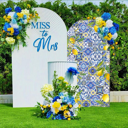Mediterranean Blue Tiles Lemon Arch Backdrop Cover Amalfi Coast Wedding Bridal Shower Decorations,2-Sided Italy Lemon Backdrop Arch Covers for Positano Birthday Baby Shower Party Decor 2.6x6ft