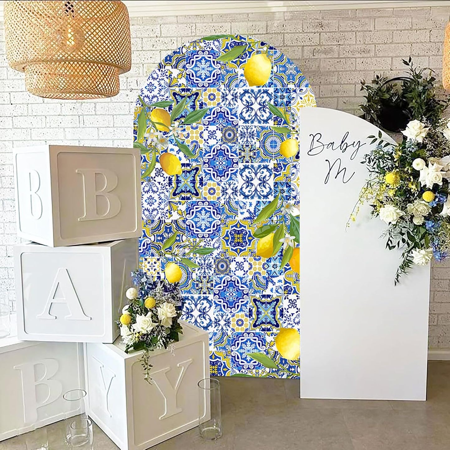 Mediterranean Blue Tiles Lemon Arch Backdrop Cover Amalfi Coast Wedding Bridal Shower Decorations,2-Sided Italy Lemon Backdrop Arch Covers for Positano Birthday Baby Shower Party Decor 2.6x6ft