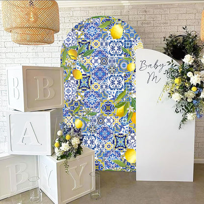 Mediterranean Blue Tiles Lemon Arch Backdrop Cover Amalfi Coast Wedding Bridal Shower Decorations,2-Sided Italy Lemon Backdrop Arch Covers for Positano Birthday Baby Shower Party Decor 2.6x6ft