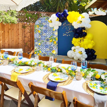 Mediterranean Blue Tiles Lemon Arch Backdrop Cover Amalfi Coast Wedding Bridal Shower Decorations,2-Sided Italy Lemon Backdrop Arch Covers for Positano Birthday Baby Shower Party Decor 2.6x6ft