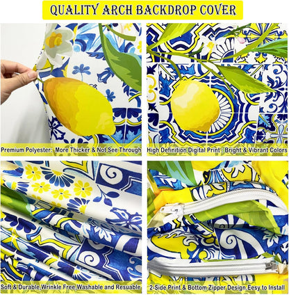 Mediterranean Blue Tiles Lemon Arch Backdrop Cover Amalfi Coast Wedding Bridal Shower Decorations,2-Sided Italy Lemon Backdrop Arch Covers for Positano Birthday Baby Shower Party Decor 2.6x6ft