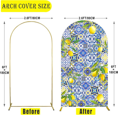 Mediterranean Blue Tiles Lemon Arch Backdrop Cover Amalfi Coast Wedding Bridal Shower Decorations,2-Sided Italy Lemon Backdrop Arch Covers for Positano Birthday Baby Shower Party Decor 2.6x6ft