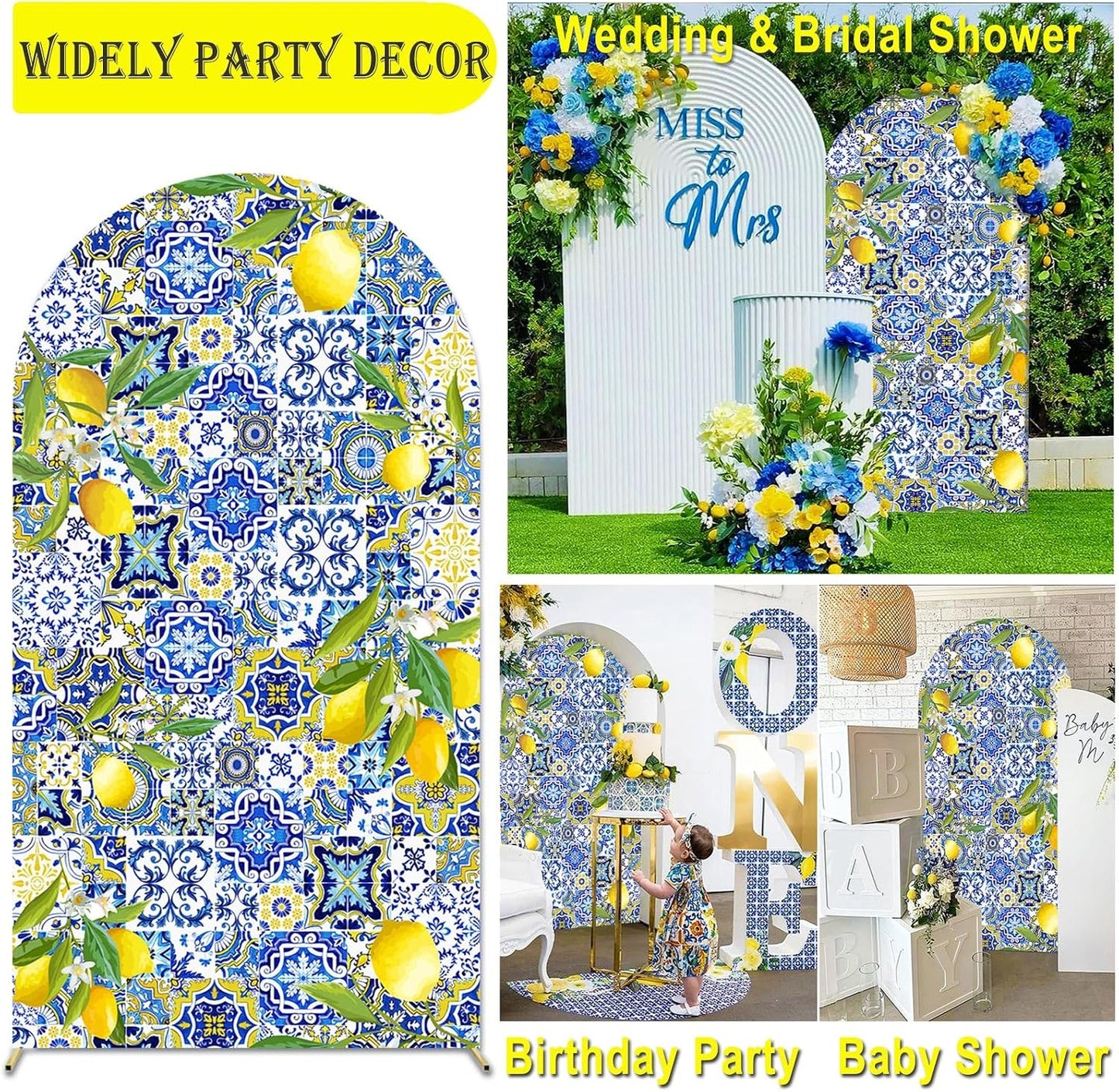 Mediterranean Blue Tiles Lemon Arch Backdrop Cover Amalfi Coast Wedding Bridal Shower Decorations,2-Sided Italy Lemon Backdrop Arch Covers for Positano Birthday Baby Shower Party Decor 2.6x6ft