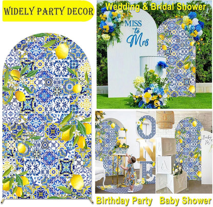 Mediterranean Blue Tiles Lemon Arch Backdrop Cover Amalfi Coast Wedding Bridal Shower Decorations,2-Sided Italy Lemon Backdrop Arch Covers for Positano Birthday Baby Shower Party Decor 2.6x6ft