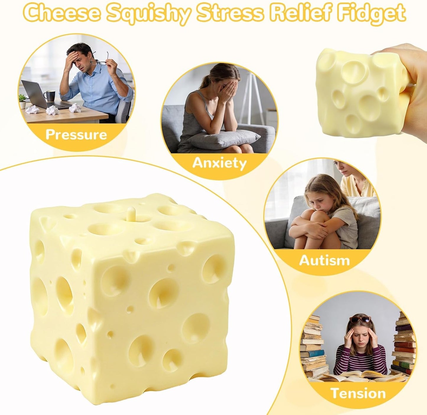 Yellow Cheese Squeeze Toy, Non-Rebounding Soft Cheese Squishy Toy, 2.76 Inches, Sensory, Help for Relax & Focus, Soft Flexible Elastic Rubber Sensory Cheese for Kids & Adults, Stress Balls for Adults