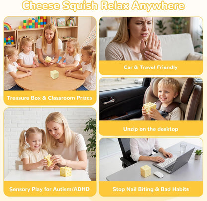 Yellow Cheese Squeeze Toy, Non-Rebounding Soft Cheese Squishy Toy, 2.76 Inches, Sensory, Help for Relax & Focus, Soft Flexible Elastic Rubber Sensory Cheese for Kids & Adults, Stress Balls for Adults