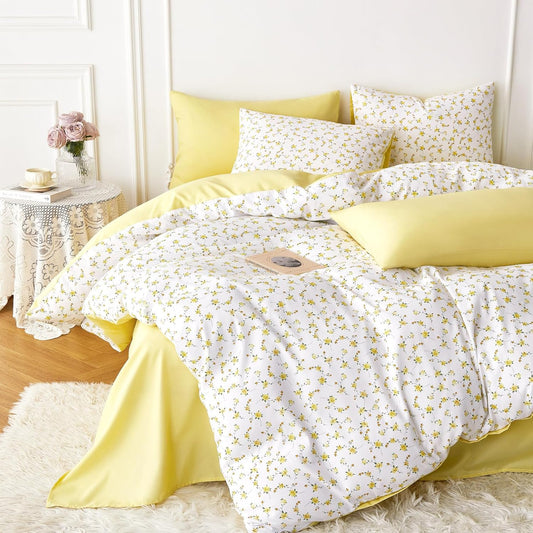 Floral Comforter Set, Coquette Cottagecore Aesthetic Cute Flower Pattern for Women Teen Girls, Soft Lightweight Dorm Bedding, 3 Pieces, Yellow White, Twin/Twin XL Size