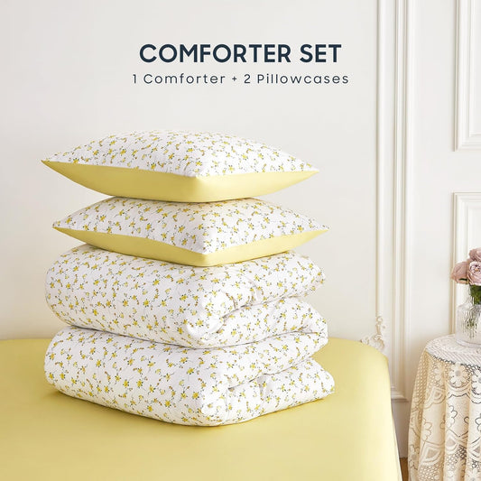 Floral Comforter Set, Coquette Cottagecore Aesthetic Cute Flower Pattern for Women Teen Girls, Soft Lightweight Dorm Bedding, 3 Pieces, Yellow White, Twin/Twin XL Size