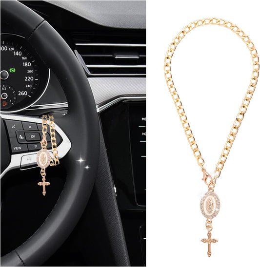 Cross for Car Steering Wheel Rosary Charm,Unique Cross for Car Mirror Hanging Accessories as Decoration,Stylish Crosses Cars Charms for Steering Wheel Christian Cars Accessories (Yellow)