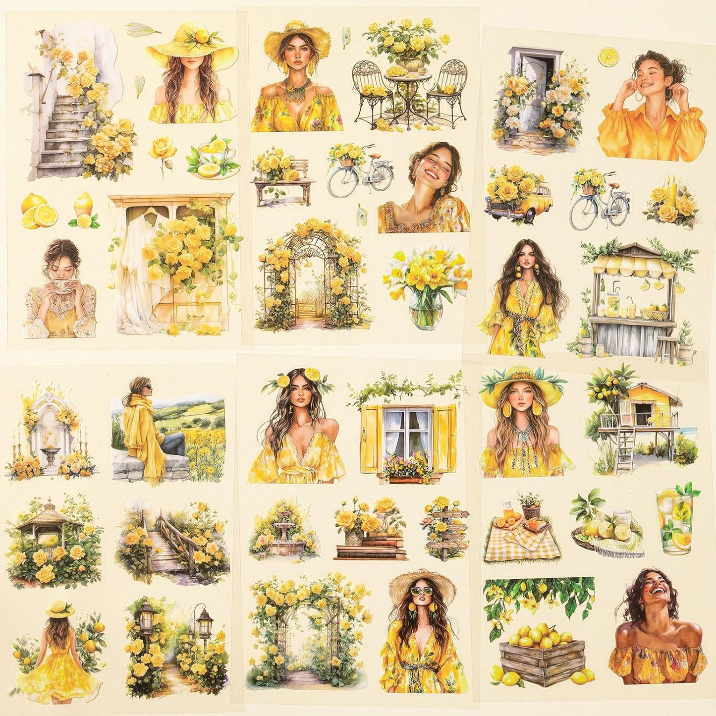 Yellow Journaling Stickers, 20 Sheets Scrapbook Sticker, Lemon Junk Journal Supplies, Sunmmer Pre-Cut Aesthetic PET Materials for Adults, Decorative DIY Arts Crafts