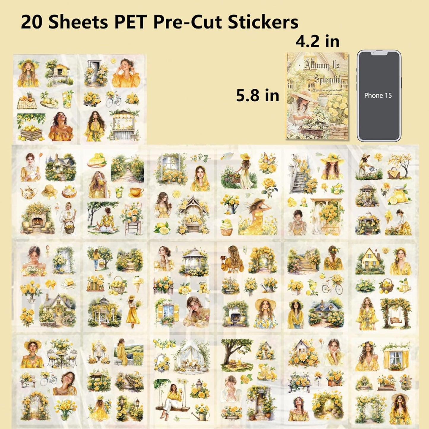 Yellow Journaling Stickers, 20 Sheets Scrapbook Sticker, Lemon Junk Journal Supplies, Sunmmer Pre-Cut Aesthetic PET Materials for Adults, Decorative DIY Arts Crafts