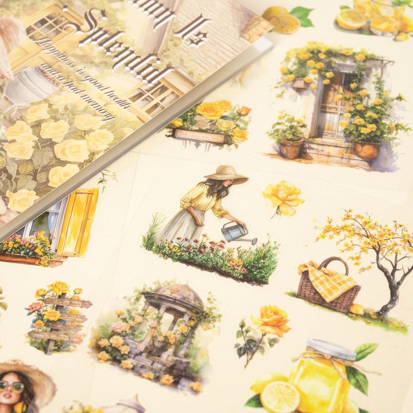 Yellow Journaling Stickers, 20 Sheets Scrapbook Sticker, Lemon Junk Journal Supplies, Sunmmer Pre-Cut Aesthetic PET Materials for Adults, Decorative DIY Arts Crafts