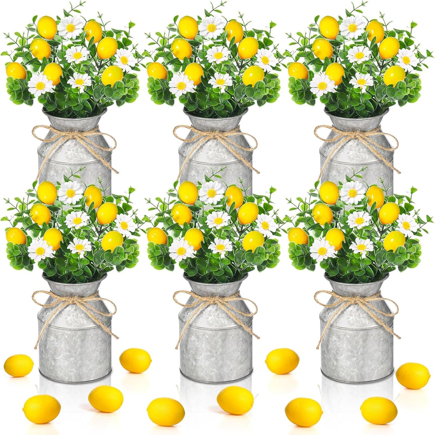 6 Sets Artificial Potted Lemon Decor Fake Fruit Lemon Flowers Table Centerpiece Faux Summer Kitchen Vases Tiered Tray Decor Farmhouse Plant for Indoor Outdoor Home Bathroom Dining