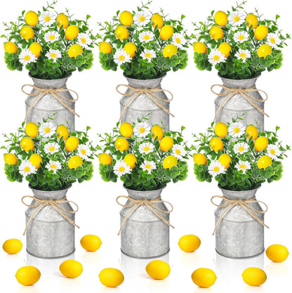 6 Sets Artificial Potted Lemon Decor Fake Fruit Lemon Flowers Table Centerpiece Faux Summer Kitchen Vases Tiered Tray Decor Farmhouse Plant for Indoor Outdoor Home Bathroom Dining