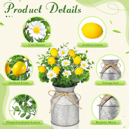 6 Sets Artificial Potted Lemon Decor Fake Fruit Lemon Flowers Table Centerpiece Faux Summer Kitchen Vases Tiered Tray Decor Farmhouse Plant for Indoor Outdoor Home Bathroom Dining