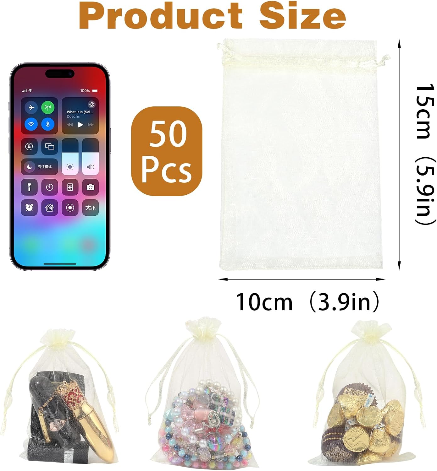 50Pcs Beige Organza Bags,4x6 Inch Small Mesh Drawstring Bags | for Wedding,Valentine's Day,Halloween,Thanksgiving,Christmas,Baby Shower,Candy,Gift,Jewelry,Soaps