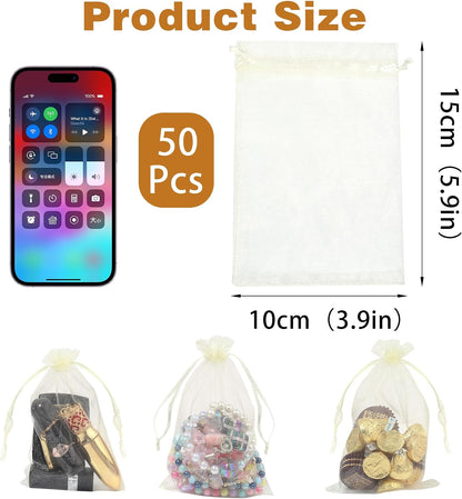 50Pcs Beige Organza Bags,4x6 Inch Small Mesh Drawstring Bags | for Wedding,Valentine's Day,Halloween,Thanksgiving,Christmas,Baby Shower,Candy,Gift,Jewelry,Soaps