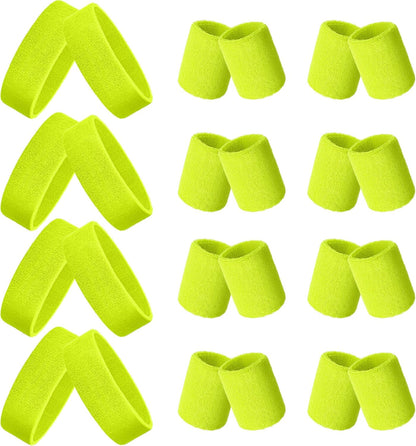 24 Pieces 80s Neon Sweatbands Set, Include 8 Sports Headbands and 16 Sweat Wristbands Elastic Athletic Tennis Sweat Bands Bulk for Man Woman
