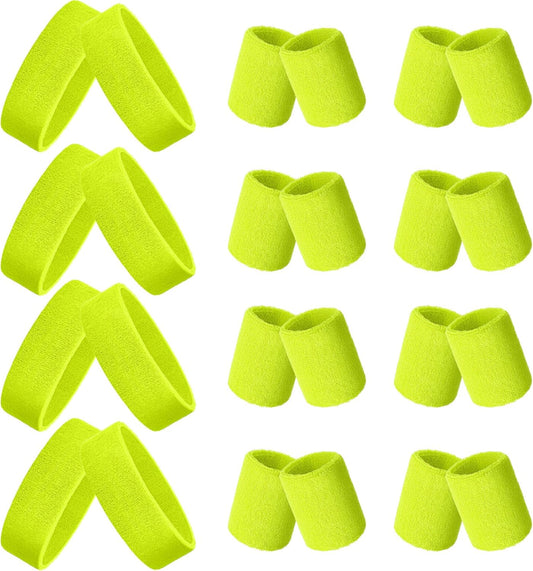 24 Pieces 80s Neon Sweatbands Set, Include 8 Sports Headbands and 16 Sweat Wristbands Elastic Athletic Tennis Sweat Bands Bulk for Man Woman