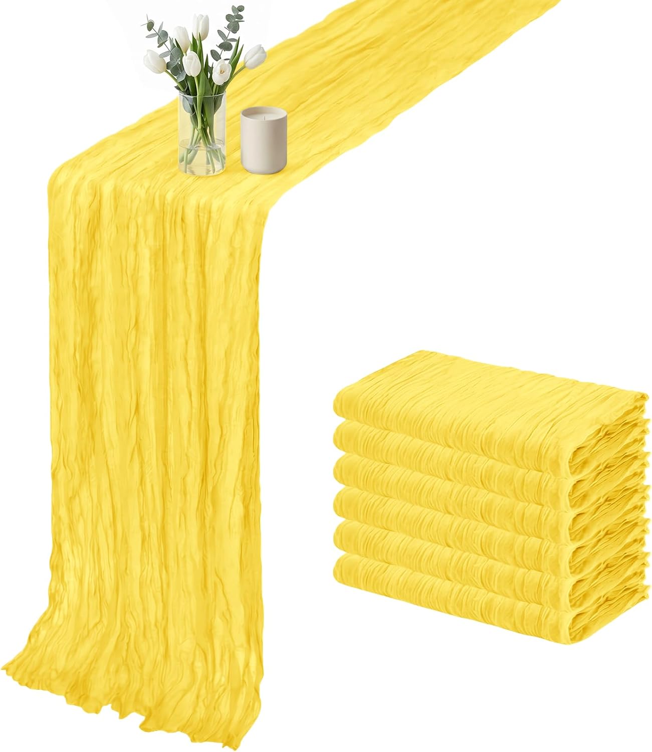 6 Pack Lemon Yellow Cheesecloth Table Runner 17x108 Inch 9FT Semi Sheer Boho Gauze Table Runners for Wedding Baby Shower Birthday Party Home Bridal Shower Event Decor