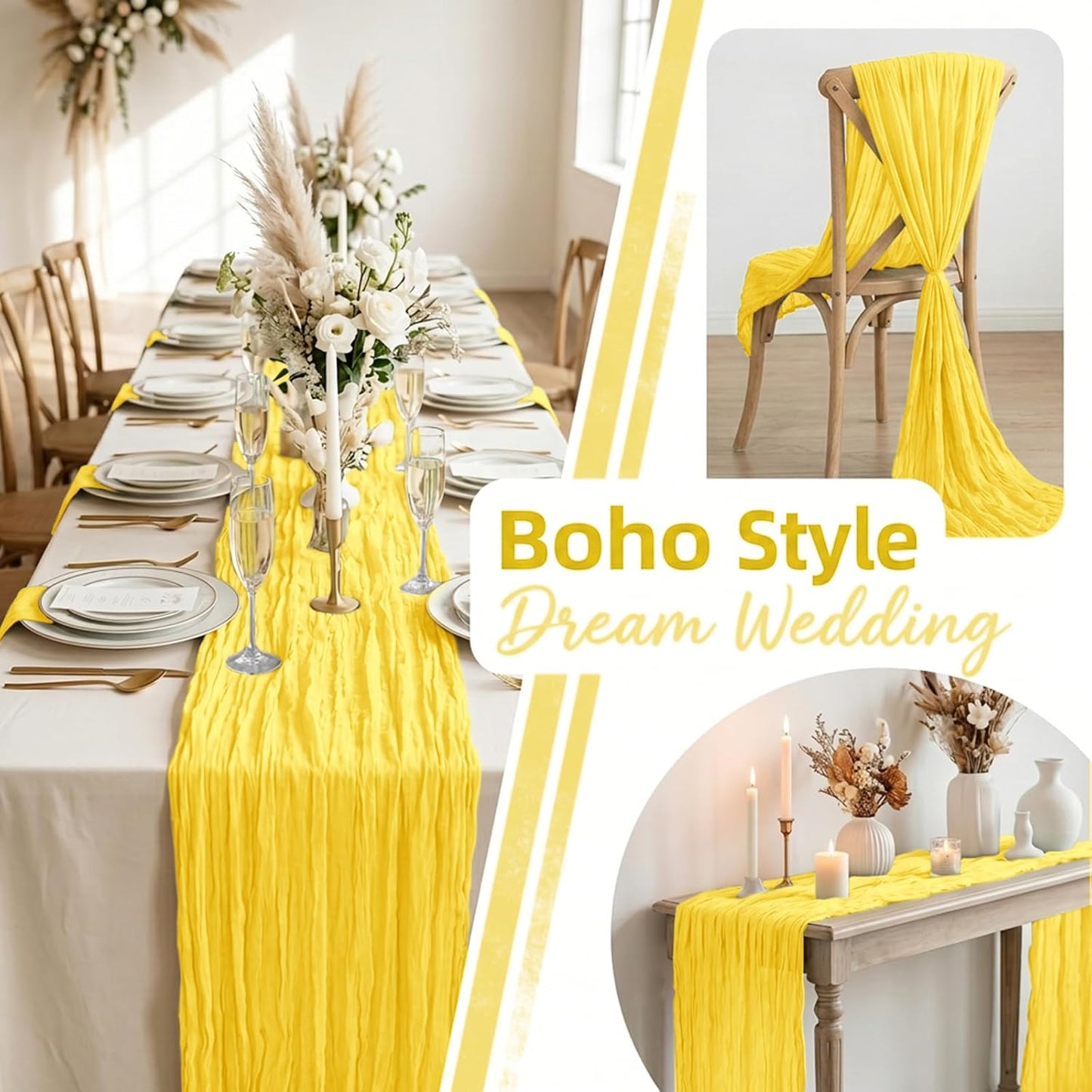 6 Pack Lemon Yellow Cheesecloth Table Runner 17x108 Inch 9FT Semi Sheer Boho Gauze Table Runners for Wedding Baby Shower Birthday Party Home Bridal Shower Event Decor