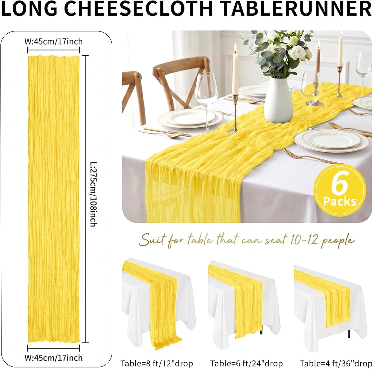 6 Pack Lemon Yellow Cheesecloth Table Runner 17x108 Inch 9FT Semi Sheer Boho Gauze Table Runners for Wedding Baby Shower Birthday Party Home Bridal Shower Event Decor